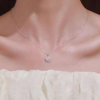 Colier din argint 925 cu moissanit în formă de fulg de zăpadă, lanț în formă de O, stil ușor lux pentru femei