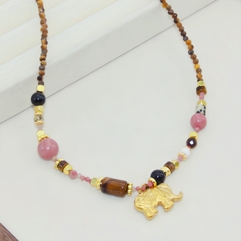 Colier cu pandantiv elefant și mărgele din piatră naturală ochi de tigru, lanț din oțel titan, placare electrolitică