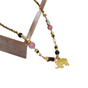 Colier cu pandantiv elefant și mărgele din piatră naturală ochi de tigru, lanț din oțel titan, placare electrolitică
