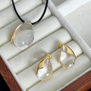 Set nakita: ogrlica s kristalom i kapljastim naušnicama, zlatno-pozlaćeni bakreni elementi, voskovana užadna ogrlica, casual stil