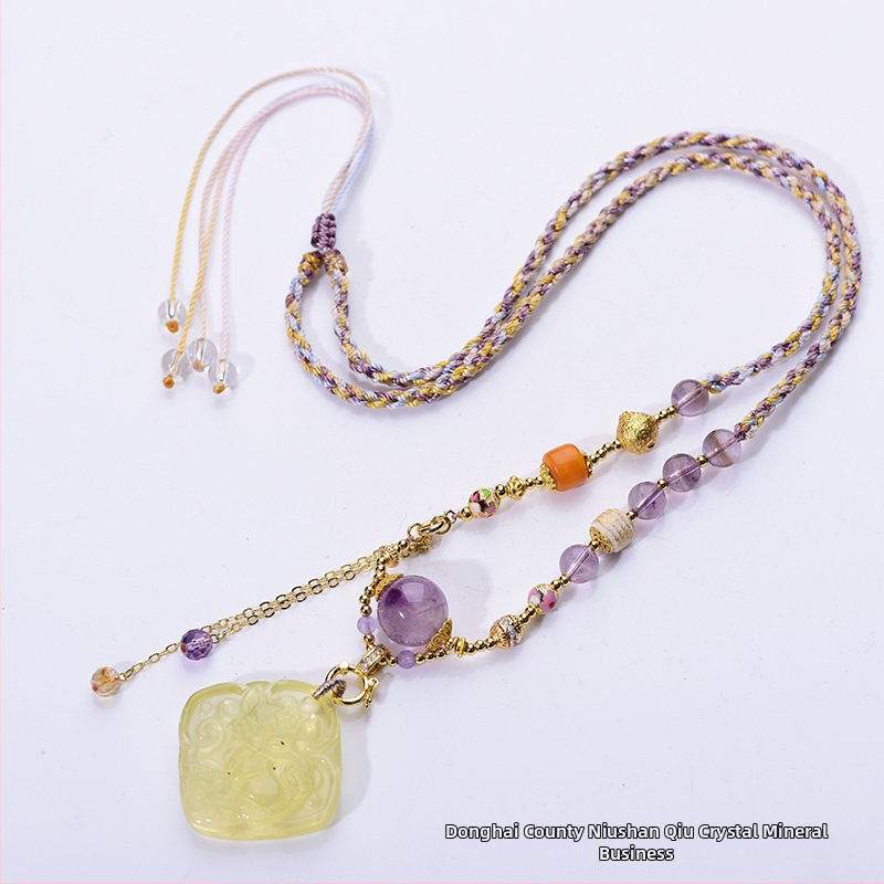 Ametista kulons ar četrlapu motīvu, vara akcenti, etnisks stils — Qiu yi