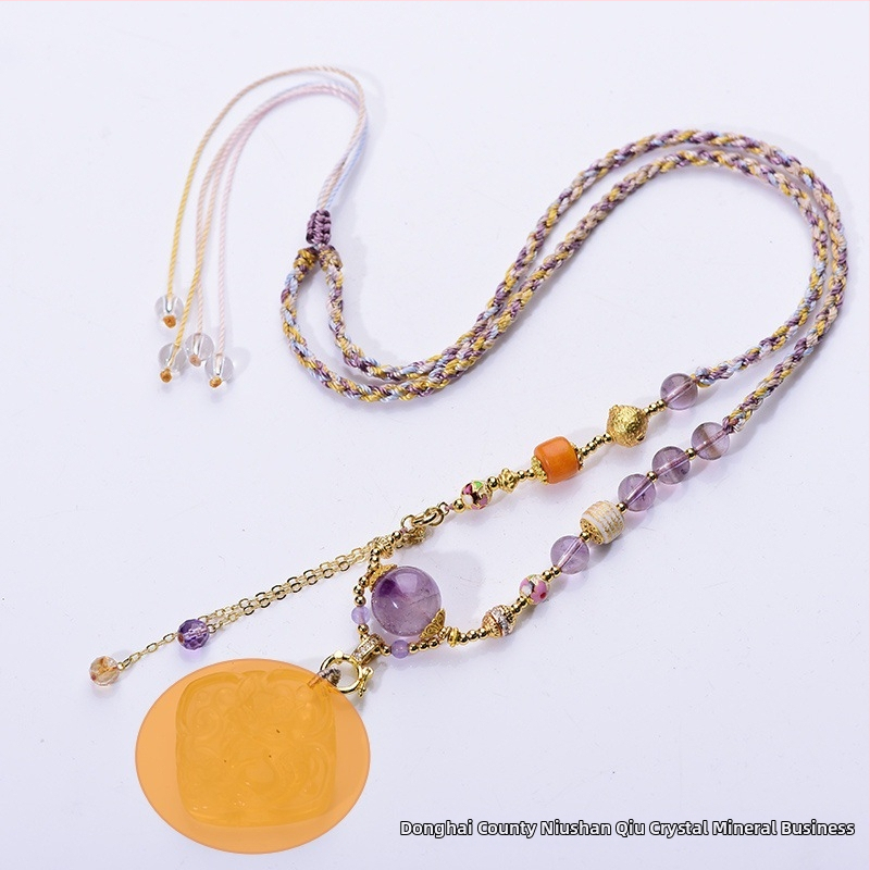 Ametista kulons ar četrlapu motīvu, vara akcenti, etnisks stils — Qiu yi