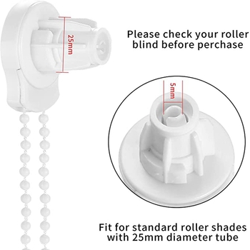 25 mm glava za upravljanje roletama s fiksnim kukom – materijal POM; kompatibilna sa svim vrstama roleta; uključuje komplet od 3-metarske lančane verige i gumene čepove s vijcima