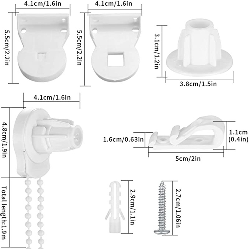 25 mm glava za upravljanje roletama s fiksnim kukom – materijal POM; kompatibilna sa svim vrstama roleta; uključuje komplet od 3-metarske lančane verige i gumene čepove s vijcima