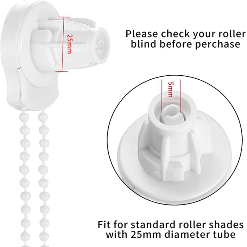 25 mm glava za upravljanje roletama s fiksnim kukom – materijal POM; kompatibilna sa svim vrstama roleta; uključuje komplet od 3-metarske lančane verige i gumene čepove s vijcima