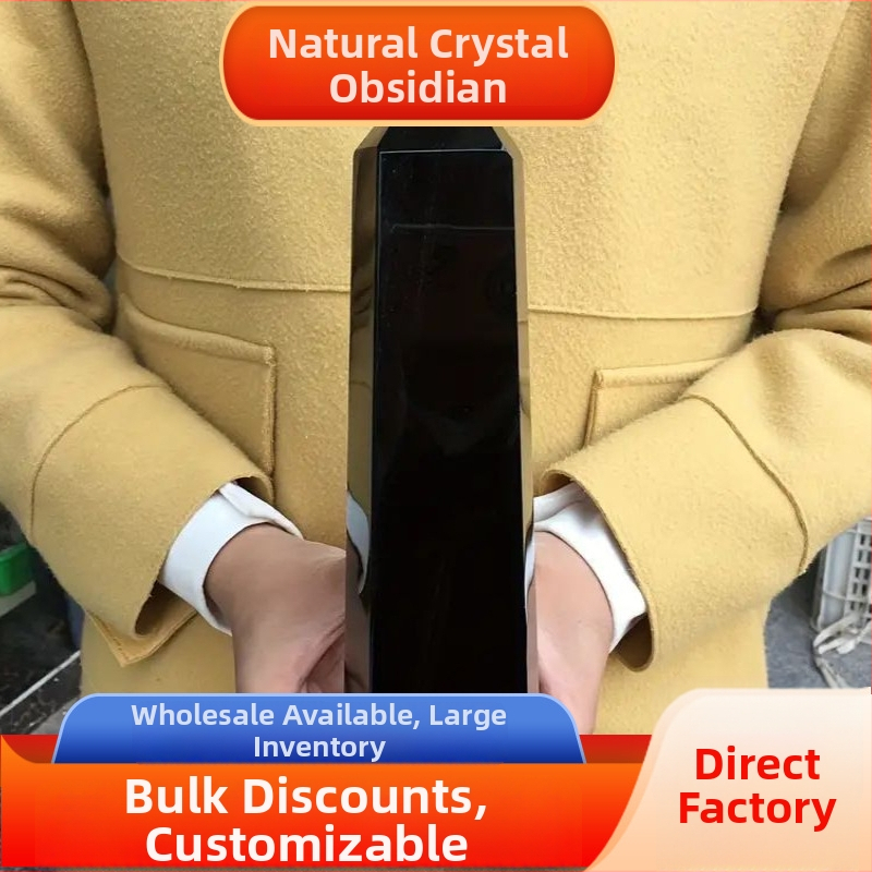 Obsidiano šešiakampis kristalų stulpas su aštriu galu, titano kristalas