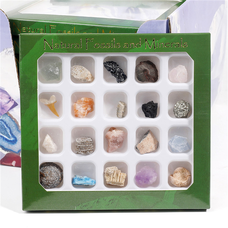 Set mineralnih fosilnih uzoraka, 20 vrsta u kutiji, sirovi kamen, kristalni šljunak, kartonska ambalaža, Arthur Jewelry