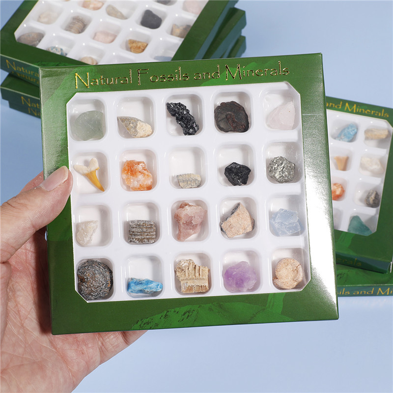 Set mineralnih fosilnih uzoraka, 20 vrsta u kutiji, sirovi kamen, kristalni šljunak, kartonska ambalaža, Arthur Jewelry