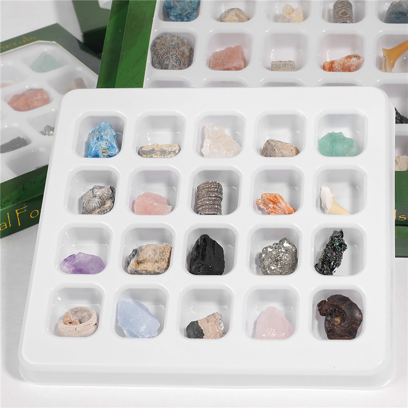 Set mineralnih fosilnih uzoraka, 20 vrsta u kutiji, sirovi kamen, kristalni šljunak, kartonska ambalaža, Arthur Jewelry