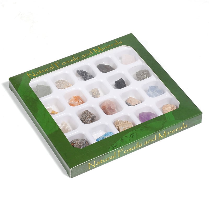 Set mineralnih fosilnih uzoraka, 20 vrsta u kutiji, sirovi kamen, kristalni šljunak, kartonska ambalaža, Arthur Jewelry