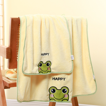 Set prosoape de baie cu design broască desen animat, din fâș coral, foarte absorbent, fără scame; fir 150D; broderie, cusătură și țesătură simplă; model L035, Yun Yimeng; ambalare în set combinat personalizabil