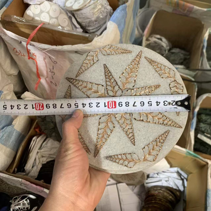 Disc decorativ circular din cochilie naturală fosilă de melc pentru decorul biroului sau al casei; realizat manual; stil simplu și modern