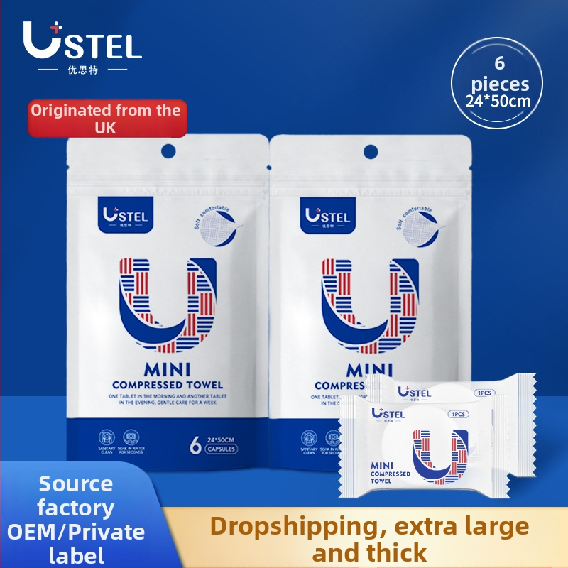 USTEL Ühekordne kompressitud näopuhastuslapp – mitte-kootud materjal, ≥50 g, 6 tk/pakk, 288 pakk/kast