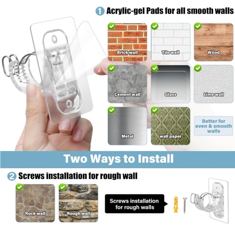 Držiak na závesovú tyč s lepiacim uchytením, nastaviteľný háčik — ABS materiál, moderný minimalistický štýl, nosnosť 1–3 kg