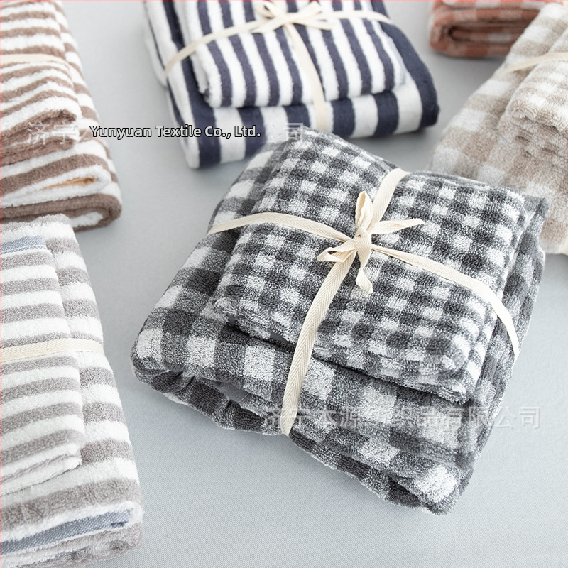 Set 2 diely: japonský károvo-prúžkovaný uterák – uteráky na telo a na tvár z 100% bavlny, v darčekovej krabici