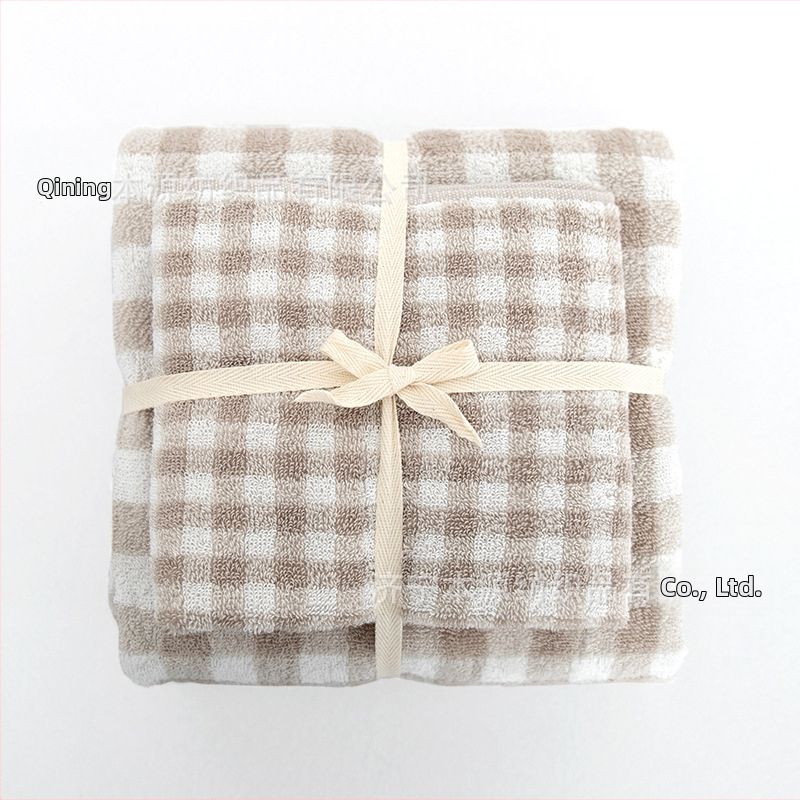 Set 2 diely: japonský károvo-prúžkovaný uterák – uteráky na telo a na tvár z 100% bavlny, v darčekovej krabici