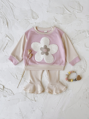 Корейски стил бебешки комплект от 2 части с флорална бродерия: топ с кръгло деколте и дълги ръкави + разкроени панталони, за 1–3 години
