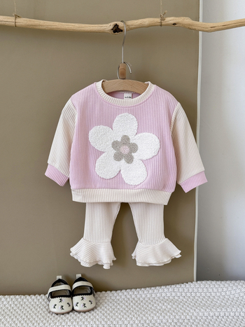 Корейски стил бебешки комплект от 2 части с флорална бродерия: топ с кръгло деколте и дълги ръкави + разкроени панталони, за 1–3 години