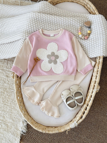 Корейски стил бебешки комплект от 2 части с флорална бродерия: топ с кръгло деколте и дълги ръкави + разкроени панталони, за 1–3 години