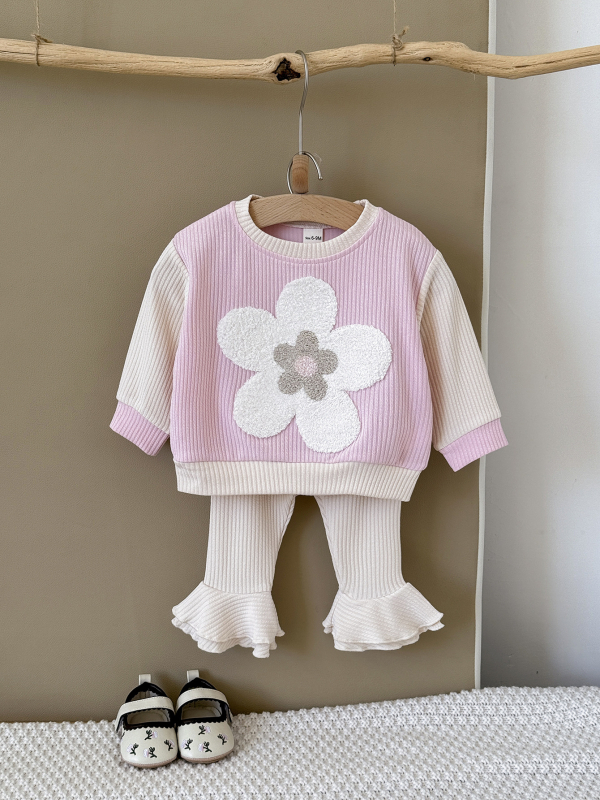 Корейски стил бебешки комплект от 2 части с флорална бродерия: топ с кръгло деколте и дълги ръкави + разкроени панталони, за 1–3 години