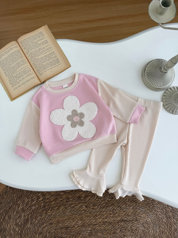 Корейски стил бебешки комплект от 2 части с флорална бродерия: топ с кръгло деколте и дълги ръкави + разкроени панталони, за 1–3 години
