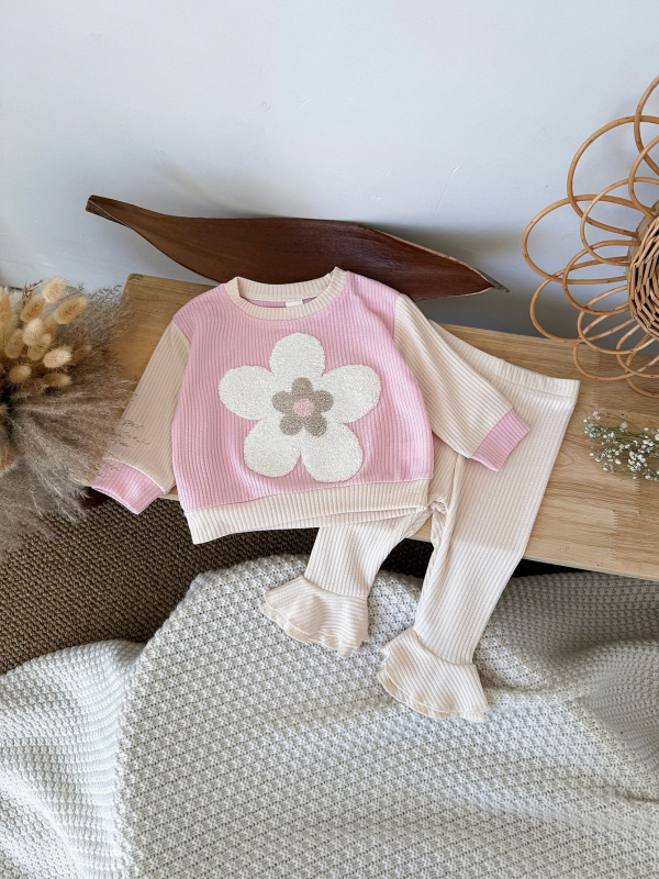 Корейски стил бебешки комплект от 2 части с флорална бродерия: топ с кръгло деколте и дълги ръкави + разкроени панталони, за 1–3 години