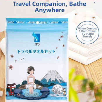 ITO Ühekordne vannikäterätide komplekt — 2 näokäterätikut ja 1 vannikäterätik; Materjal: 100% regenereeritud tselluloosi kiud; Kudumine: lihtne kude; Veetõmbumine: 5–10 s; Kõlblikkusaeg: 3 aastat