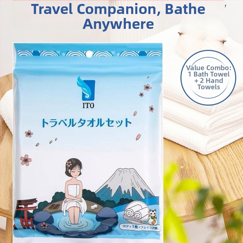 ITO Ühekordne vannikäterätide komplekt — 2 näokäterätikut ja 1 vannikäterätik; Materjal: 100% regenereeritud tselluloosi kiud; Kudumine: lihtne kude; Veetõmbumine: 5–10 s; Kõlblikkusaeg: 3 aastat