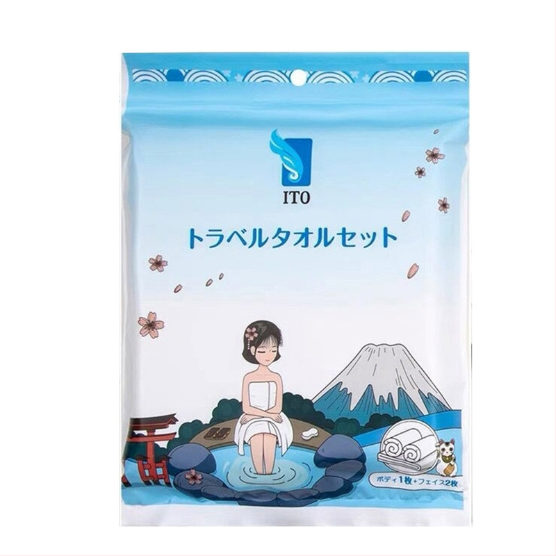 ITO Ühekordne vannikäterätide komplekt — 2 näokäterätikut ja 1 vannikäterätik; Materjal: 100% regenereeritud tselluloosi kiud; Kudumine: lihtne kude; Veetõmbumine: 5–10 s; Kõlblikkusaeg: 3 aastat