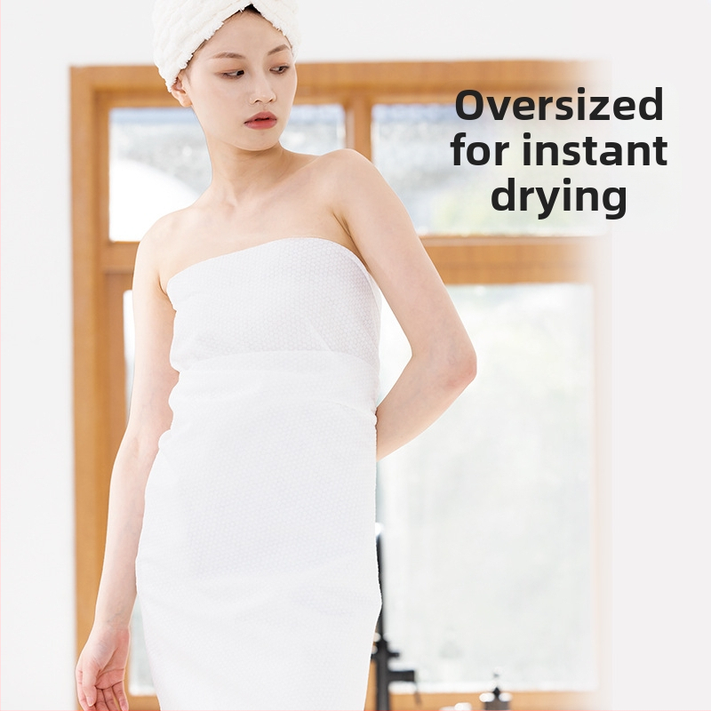 Ühekordne tihendatud vannrätik, eraldi pakendatud reisimiseks, lisaks paksem näorätik; 100% regenereeritud tselluloosi kiud; taimsed kiud; kiire imendumine 0–5 s.