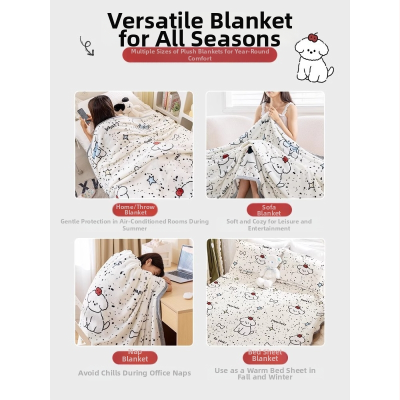 Kancelárska deka na zdriemnutie - polyester, karikatúrny vzor, hmotnosť 800–100 g, jar a jeseň, zmršťovanie 2–5%
