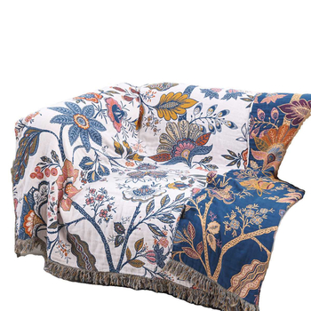 Покривка за диван с пискюли от чист памук – реактивно печатане, памук, модел цветя, кърпа-одеяло за пролет и есен