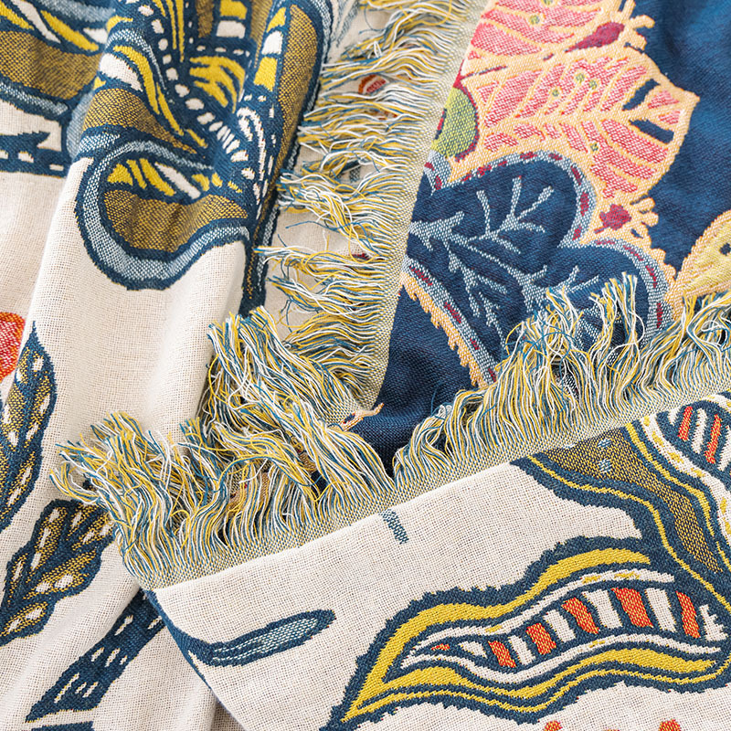 Többszörös rétegű, négy évszakos pamut géz törölköző-takaró bojtokkal — bőrbarát, reaktív nyomtatás és festés, első osztály, típus: törölköző-pled