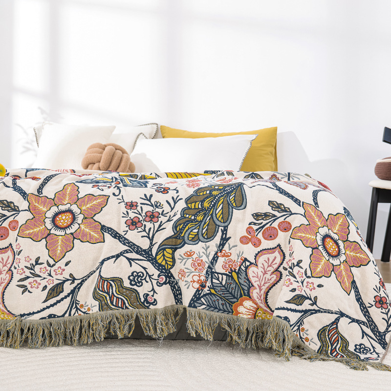 Többszörös rétegű, négy évszakos pamut géz törölköző-takaró bojtokkal — bőrbarát, reaktív nyomtatás és festés, első osztály, típus: törölköző-pled