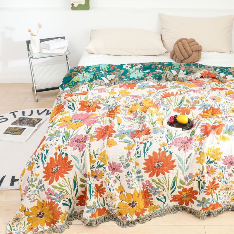 Pamut törölköző-pléd virágos mintával, reaktív nyomtatás és színezés, tavasz–ősz