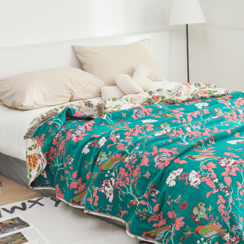 Törölköző jellegű pléd 100% pamut, reaktív nyomtatás, virágos mintával, tavasz–ősz szezonra