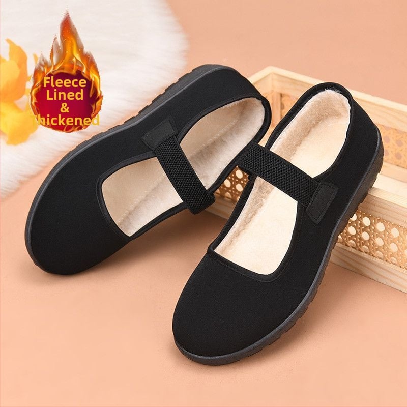 Drobės bateliai su elastine juosta, pūkuota vidinė danga, PVC pada, plokščias kulnas, vidutinis atidarymas (7–11 cm)