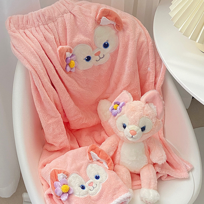 Cartoon Lina Belle coral fleece kupaonski ručnik wrap s kapom za kosu, apsorbirajući i brzo sušenje, 301–350 g, serija Cartoon, mogućnost otiska logotipa