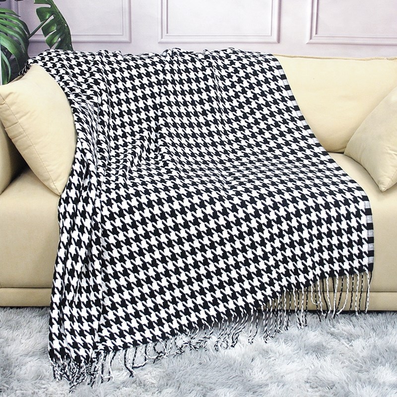 Kötött takaró, Houndstooth geometriai minta, akril szálból, 500–799 g, testreszabható, modern minimalista stílus