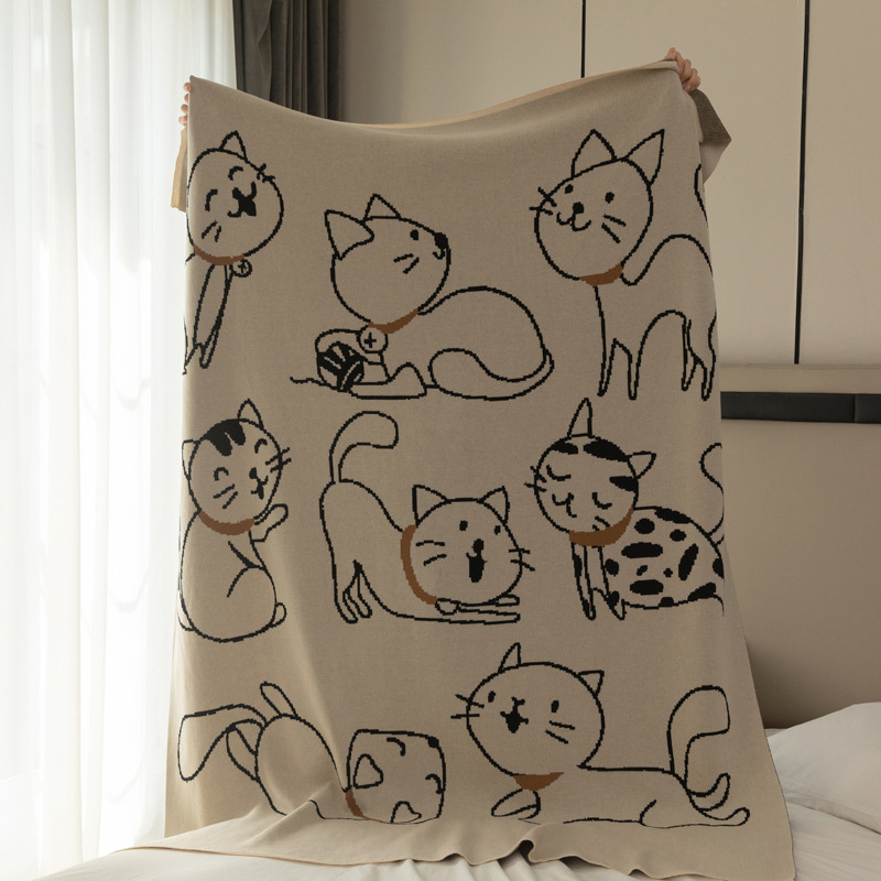 Deka za kauč s mačjim jacquard motívom, 800–999 g, 100% pamuk, crtani stil, za sve sezone, prvoklasna kvaliteta