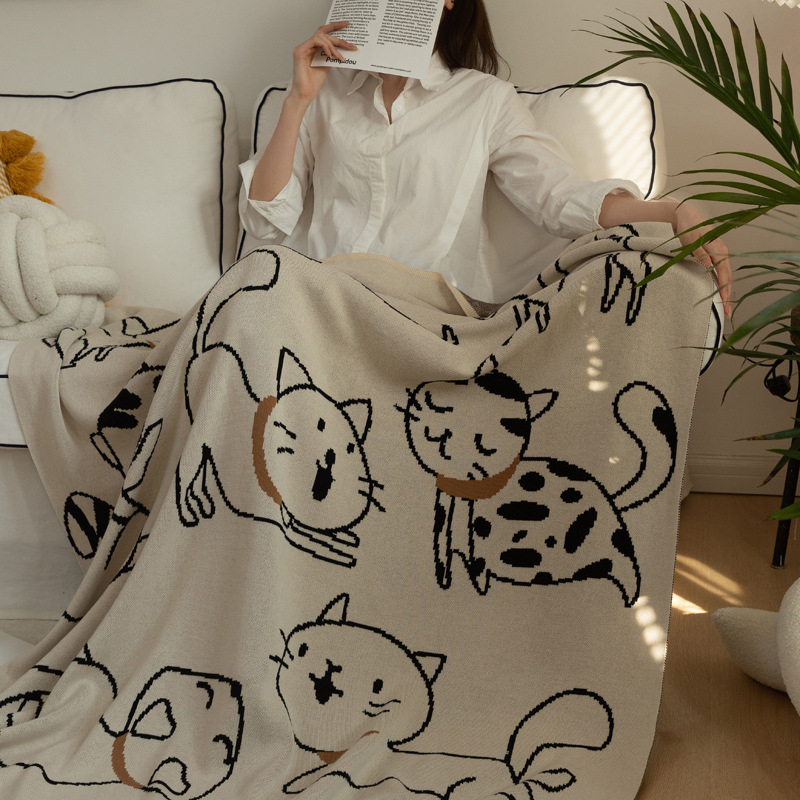 Deka za kauč s mačjim jacquard motívom, 800–999 g, 100% pamuk, crtani stil, za sve sezone, prvoklasna kvaliteta