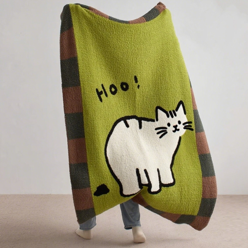 Deka s mačjim motivom od velura, pleteni džakard uzorak, poliester, 1000-1499 g, moderni minimalistički stil