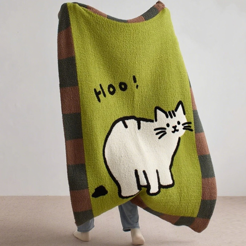 Deka s mačjim motivom od velura, pleteni džakard uzorak, poliester, 1000-1499 g, moderni minimalistički stil