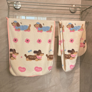 Dachshund otisak kupaonski ručnik set s kapom za sušenje kose, koralni velur, 200–300 g, poliester, Qianxun, 16 vlakana, šivan