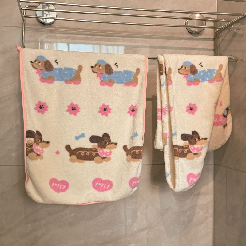 Dachshund otisak kupaonski ručnik set s kapom za sušenje kose, koralni velur, 200–300 g, poliester, Qianxun, 16 vlakana, šivan