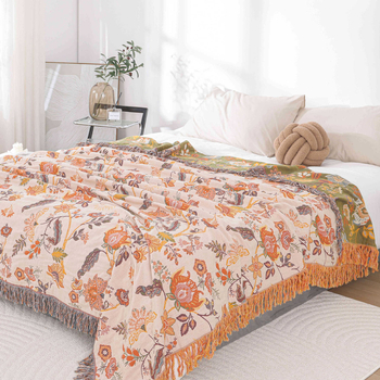 Pamut géz nyári takaró bojtokkal, reaktív nyomtatás, I. osztály, törölköző-quilt