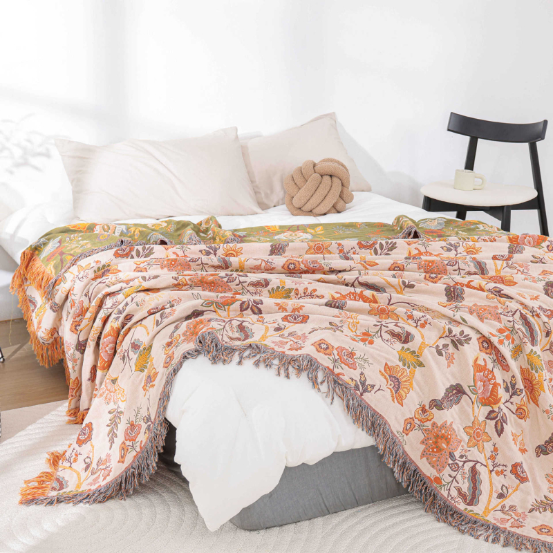 Pamut géz nyári takaró bojtokkal, reaktív nyomtatás, I. osztály, törölköző-quilt