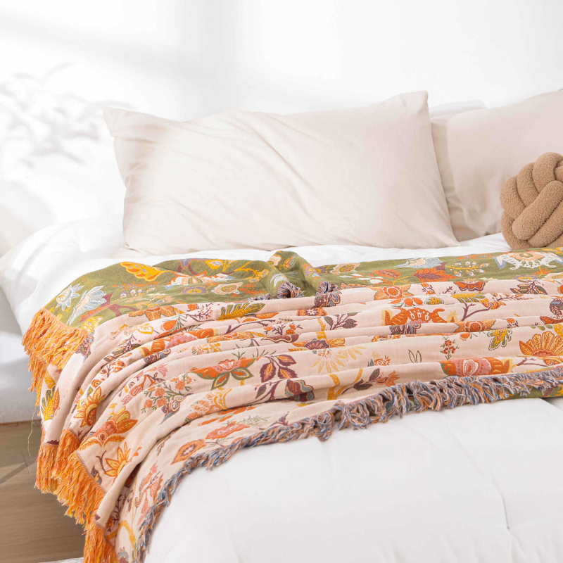 Pamut géz nyári takaró bojtokkal, reaktív nyomtatás, I. osztály, törölköző-quilt