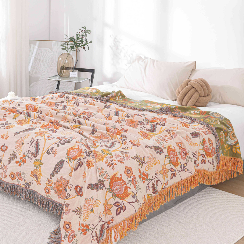 Pamut géz nyári takaró bojtokkal, reaktív nyomtatás, I. osztály, törölköző-quilt