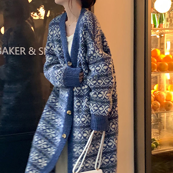 Dugi kardigan od vunene smjese s džakard pletenjem, udoban kroj, V-izrez, japansko-korejski ležerni stil